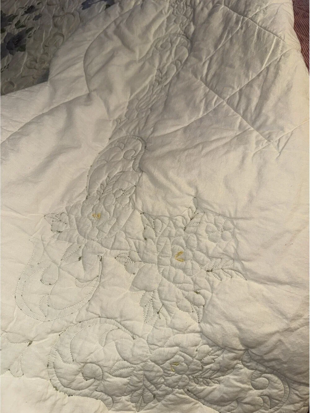Vtg Quilt Floral Vines White Green Applique  see pics/description; country